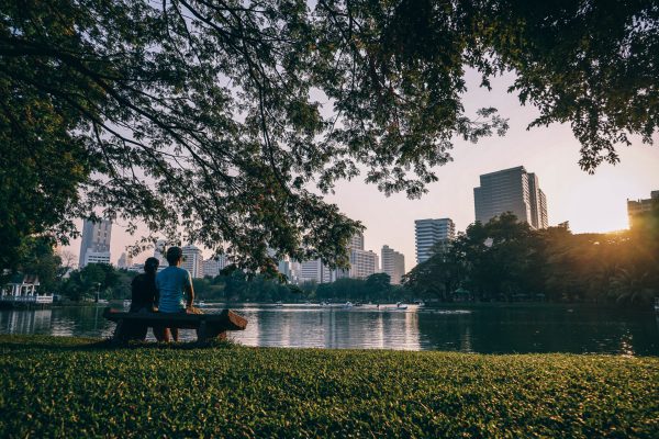 Casal sentado a beira de um lago em parque arborizado em área urbana